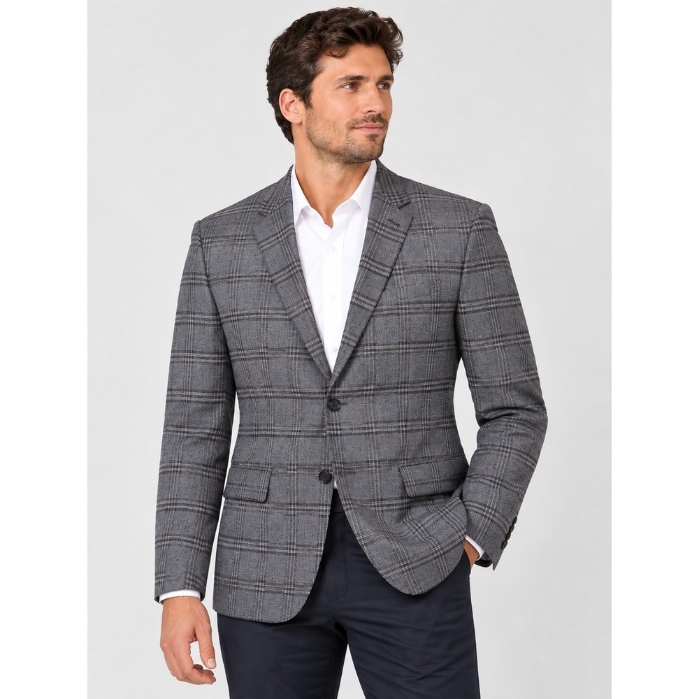 Vince Camuto Mens 42R Modern Fit Gray Plaid Wool Blend 2 Button Blazer SportCoat